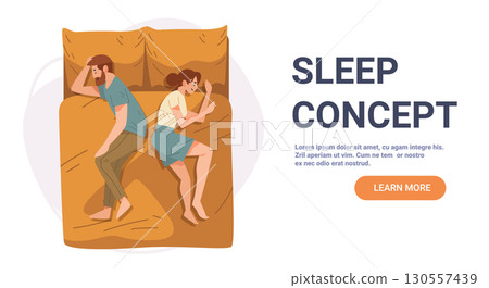 Couple sleeping bed top view night rest bedroom flat design website banner template 130557439
