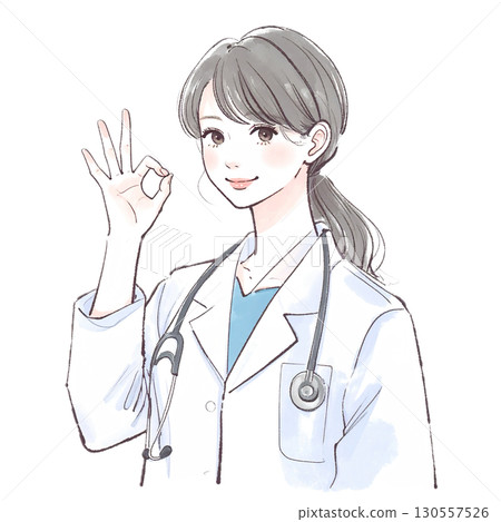 Watercolor and hand-drawn illustration material of a woman/girl wearing a white coat Watercolor and hand-drawn illustration material of a woman/girl wearing a white coat 130557526
