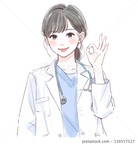 Watercolor and hand-drawn illustration material of a woman/girl wearing a white coat Watercolor and hand-drawn illustration material of a woman/girl wearing a white coat 130557527