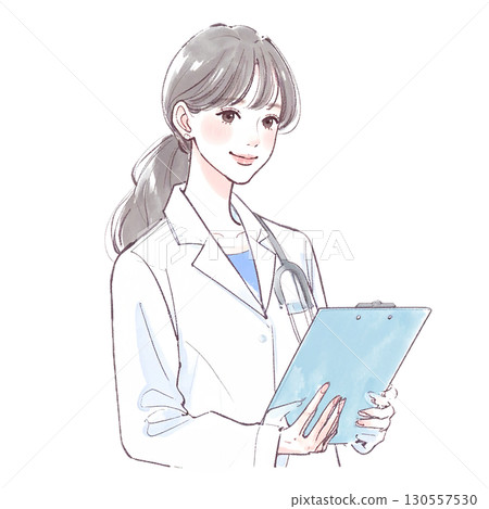 Watercolor and hand-drawn illustration material of a woman/girl wearing a white coat Watercolor and hand-drawn illustration material of a woman/girl wearing a white coat 130557530