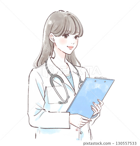 Watercolor and hand-drawn illustration material of a woman/girl wearing a white coat Watercolor and hand-drawn illustration material of a woman/girl wearing a white coat 130557533