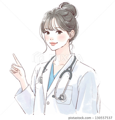 Watercolor and hand-drawn illustration material of a woman/girl wearing a white coat Watercolor and hand-drawn illustration material of a woman/girl wearing a white coat 130557537