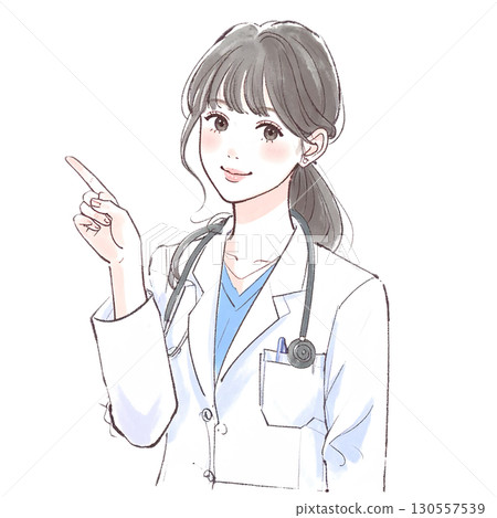 Watercolor and hand-drawn illustration material of a woman/girl wearing a white coat Watercolor and hand-drawn illustration material of a woman/girl wearing a white coat 130557539