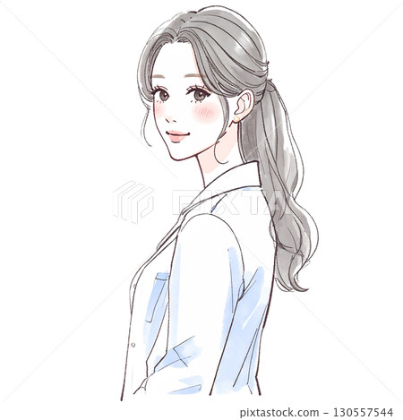Watercolor and hand-drawn illustration material of a woman/girl wearing a white coat Watercolor and hand-drawn illustration material of a woman/girl wearing a white coat 130557544
