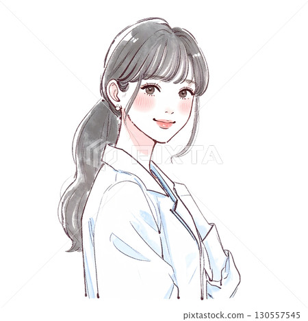 Watercolor and hand-drawn illustration material of a woman/girl wearing a white coat Watercolor and hand-drawn illustration material of a woman/girl wearing a white coat 130557545