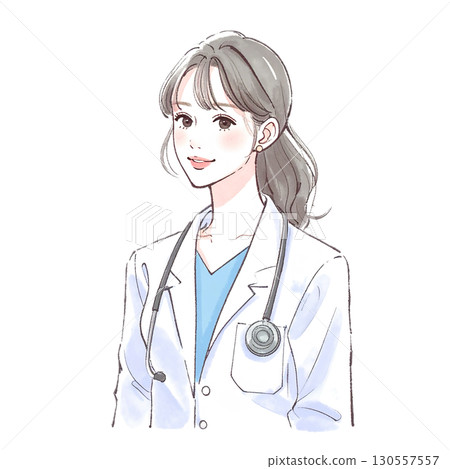 身穿白大褂的女人/女孩的水彩和手繪插圖素材 130557557