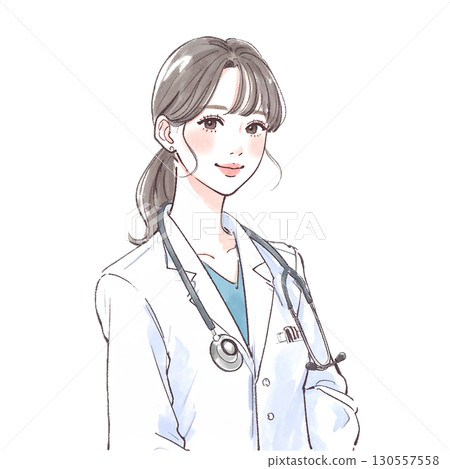 身穿白大褂的女人/女孩的水彩和手繪插圖素材 130557558