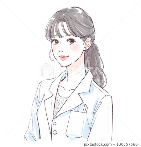 身穿白大褂的女人/女孩的水彩和手繪插圖素材 130557560