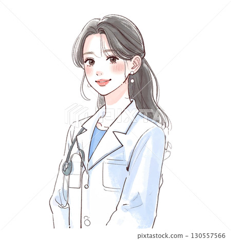 Watercolor and hand-drawn illustration material of a woman/girl wearing a white coat Watercolor and hand-drawn illustration material of a woman/girl wearing a white coat 130557566