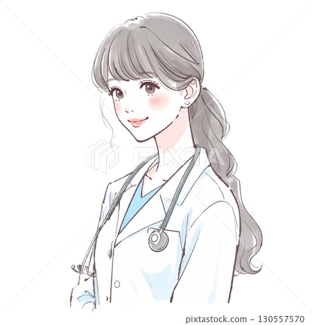 Watercolor and hand-drawn illustration material of a woman/girl wearing a white coat Watercolor and hand-drawn illustration material of a woman/girl wearing a white coat 130557570