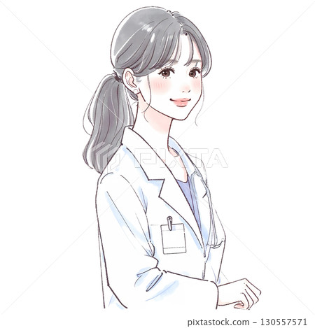 Watercolor and hand-drawn illustration material of a woman/girl wearing a white coat 130557571