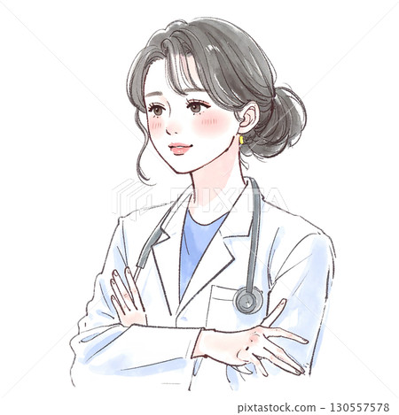 身穿白大褂的女人/女孩的水彩和手繪插圖素材 130557578