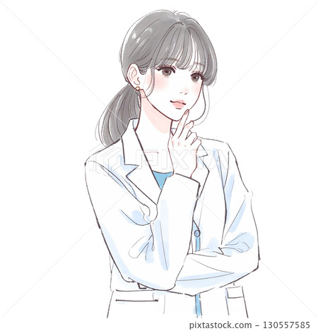 身穿白大褂的女人/女孩的水彩和手繪插圖素材 130557585