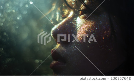 Close-Up of a Creative Glitter Makeup Design With Sparkling Light Effects 130557648