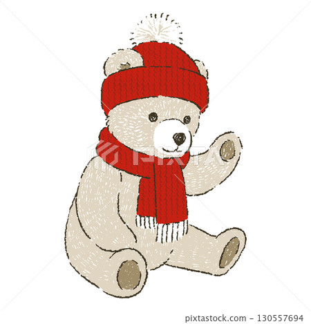 A brown teddy bear wearing a red knit hat and scarf 130557694