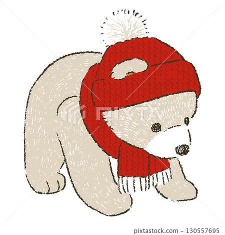 一隻戴著紅色針織帽和圍巾的棕色泰迪熊 一隻戴著紅色針織帽和圍巾的棕色泰迪熊 130557695
