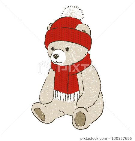 A brown teddy bear wearing a red knit hat and scarf 130557696