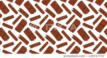 Seamless pattern of cinnamon stick in bundle in flat style. Perfect for spice store package, kitchen decor and seasonal or culinary recipe design project. 130557747