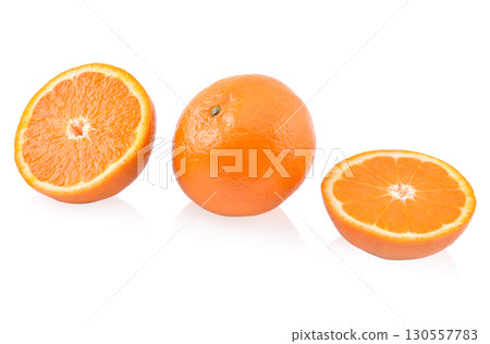 Orange fruit with slice isolated on white background. Orange fruit with slice isolated on white background. 130557783