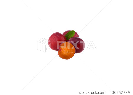 red cherry plum with leaf isolated on white background. red cherry plum with leaf isolated on white background. 130557789