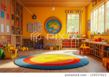 Bright colorful empty kids classroom with yellow walls, wooden shelves, a round rainbow rug, and sunny windows. Perfect learning space. 130557821