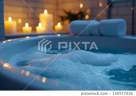 Warm bubble bath in a serene tub, soft candlelight glowing in the background creates a calm spa atmosphere with white rolled towels nearby. 130557836