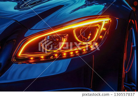 Modern car headlight glowing bright orange with vivid LED lights. Dark vehicle body reflects blue light at night. Close up automotive design technology. 130557837