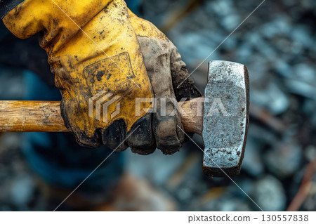 Close up of strong hand in dirty yellow safety glove gripping a heavy sledgehammer. Construction worker holding tool for hard manual labor work. 130557838