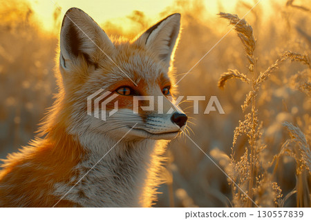 Wild red fox portrait in golden sunset light. Beautiful animal gazes alertly through sunlit meadow grass. Peaceful nature scene. 130557839