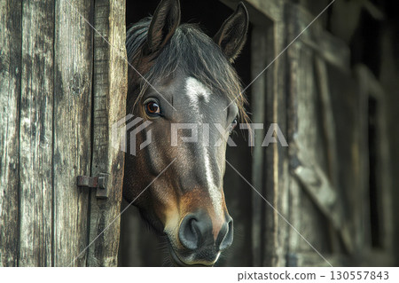Brown horse head peeking from rustic weathered wooden stable door. Detailed close up portrait of curious equine face with white blaze. 130557843