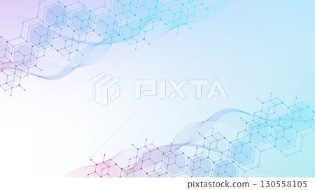 Health care or medical abstract background with hexagons, lines and dots. Scientific innovation banner template concept. Biology and pharmaceutical technology background. illustration. 130558105