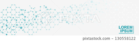Health care or medical abstract background with hexagons, lines and dots. Scientific innovation banner template concept. Biology and pharmaceutical technology background. Vector illustration. 130558122
