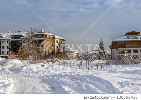 Bansko, Bulgaria winter street view and mountains 130558415