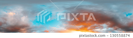 Sunset sky panorama with bright glowing pink Cumulus clouds. HDR 360 seamless spherical panorama. Full zenith or sky dome for 3D visualization, sky replacement for aerial drone panoramas. 130558874