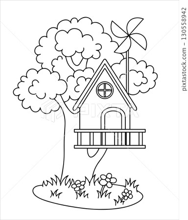 Cute tree house. Coloring page for kids. Vector illustration in simple style. 130558942