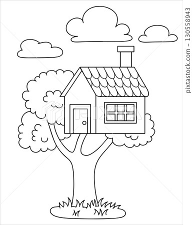 Cute tree house. Coloring page for kids. Vector illustration in simple style. Cute tree house. Coloring page for kids. Vector illustration in simple style. 130558943
