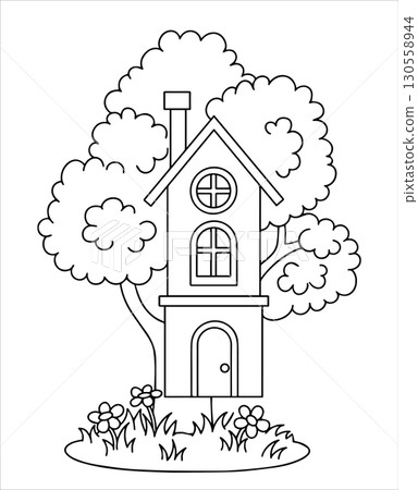 Cute tree house. Coloring page for kids. Vector illustration in simple style. Cute tree house. Coloring page for kids. Vector illustration in simple style. 130558944