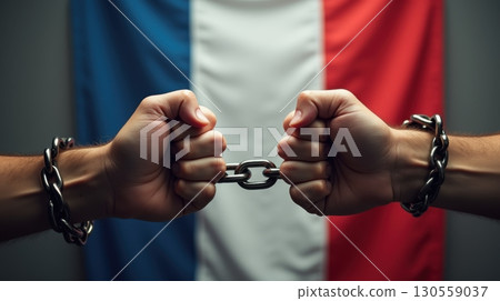 Two Fists Breaking Free from Chains Against French Flag 130559037