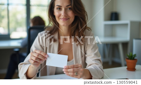 young woman in business suit give a card 130559041