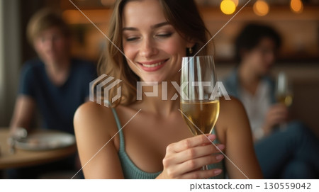 happy woman with champagne at restaurant 130559042