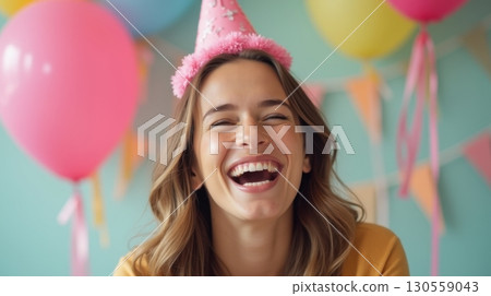 happy girl with colorful balloons 130559043