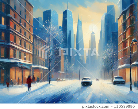 未來城市景觀和白雪覆蓋的摩天大樓插圖 | 雪、冬天、城市、建築、街道、道路、幻想 130559090