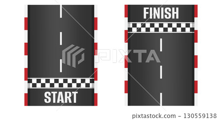 Vector illustration of car race track with start and finish line on asphalt roadway top view straight circuit design with checkered flag grid pattern sport background for rally and formula Vector illustration of car race track with start and finish line on asphalt roadway top view straight circuit design with checkered flag grid pattern sport background for rally and formula 130559138