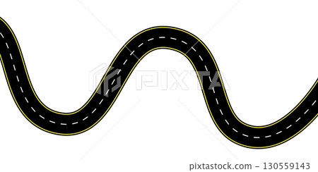 Aerial top view of a long winding asphalt road with dashed center lines race curve and gentle waves vector graphic perfect for route maps journey backgrounds highway illustration and transport design 130559143