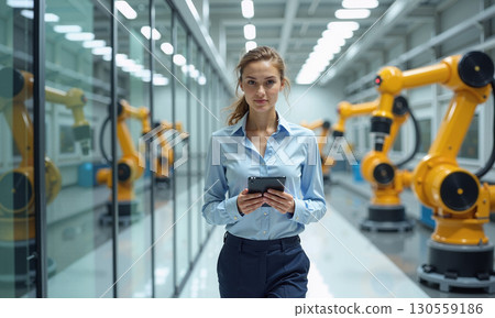 Confident female engineer standing robotics factory production 130559186