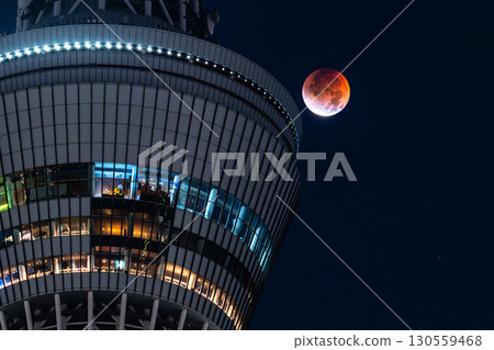 東京:2025年9月8日月全食及晴空塔 東京:2025年9月8日月全食及晴空塔 130559468