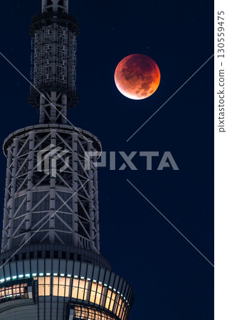 東京:2025年9月8日月全食及晴空塔 東京:2025年9月8日月全食及晴空塔 130559475