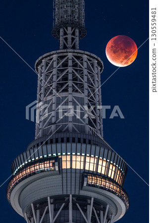 東京:2025年9月8日月全食及晴空塔 東京:2025年9月8日月全食及晴空塔 130559481