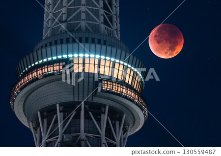 東京:2025年9月8日月全食及晴空塔 東京:2025年9月8日月全食及晴空塔 130559487