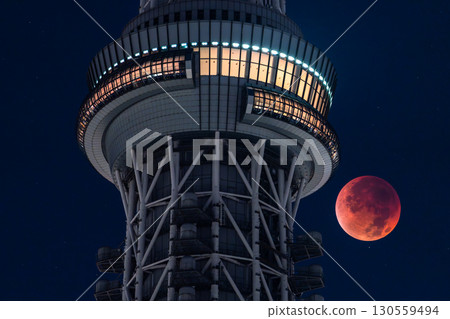 東京：2025年9月8日月全食及晴空塔 130559494
